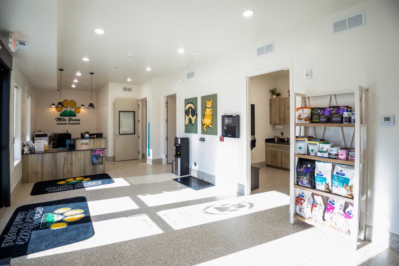 Lobby and reception area inside Mtn Green Animal Hospital