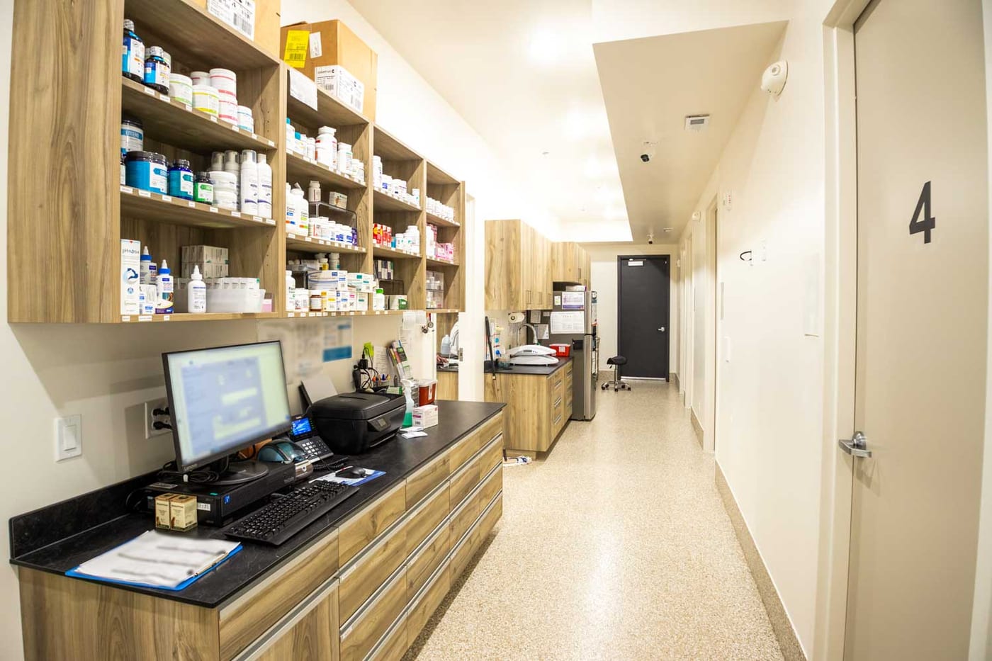 Pharmacy and treatment workstation at Mtn Green Animal Hospital