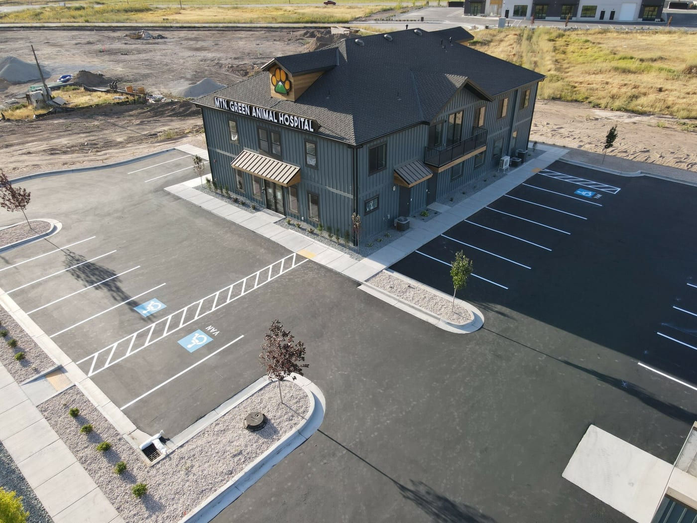 Aerial view of the newly built Mtn Green Animal Hospital in Mountain Green, Utah
